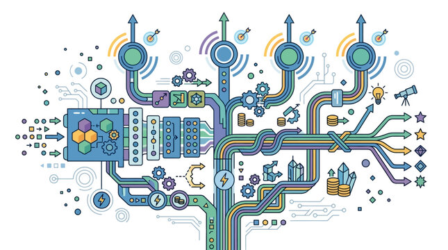 Conceptual machine learning algorithm visualization showing data processing flow