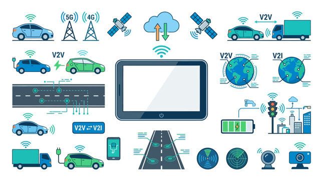 Connected Smart Transportation and Autonomous Vehicle Icons Illustration