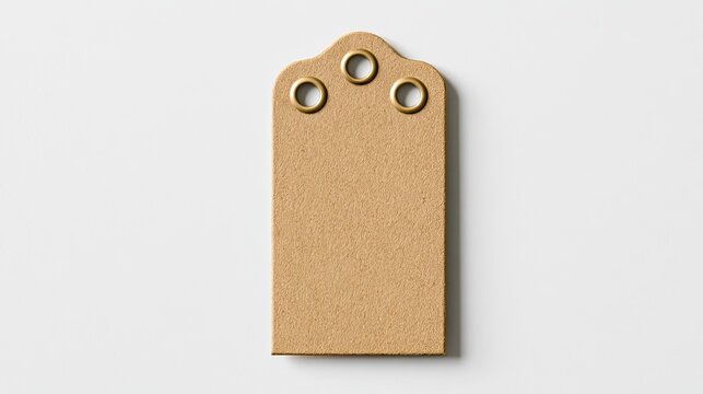 Rounded rectangle blank oak wooden tag with three holes, wood label board, top view mockup template on plain white background