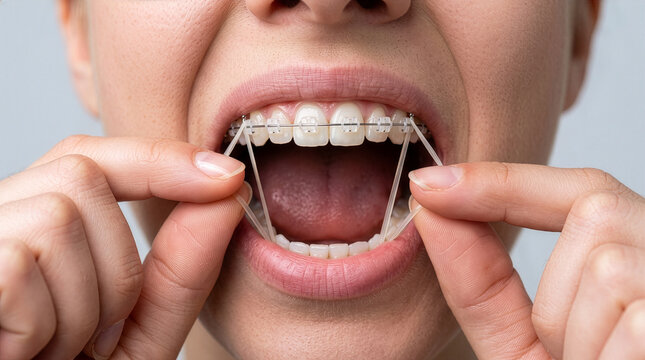 Close up of person wearing orthodontic braces with elastic bands