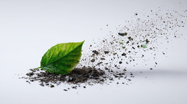Fertile black soil and green leaf on white background, organic nutrient earth, green plant, natural ecology gardening realistic design material