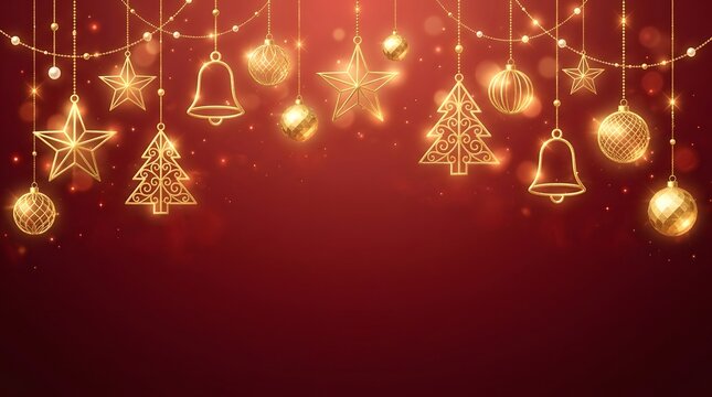 Golden christmas decorations festive ornaments stars and trees on a rich red background