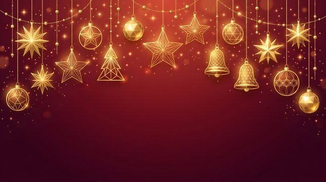 Golden christmas decorations festive ornaments stars and trees on a rich red background