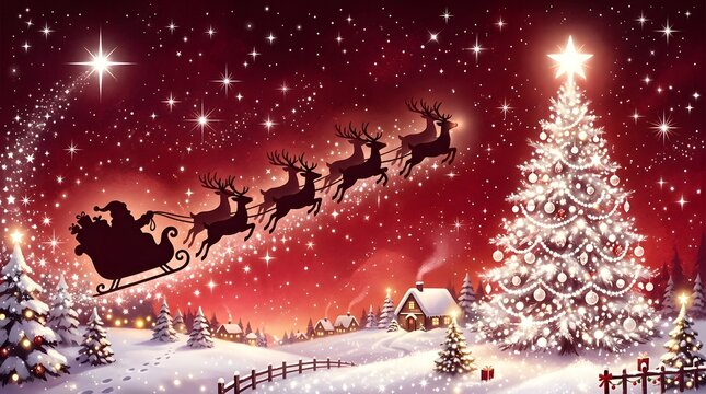 Magical christmas night santa's sleigh soaring past a sparkling tree and cozy winter village