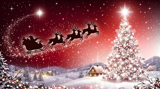 Magical christmas night santa's sleigh soaring above a winter wonderland with sparkling christmas tree