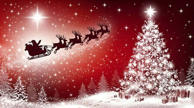 Magical christmas night santa's sleigh soaring past a sparkling christmas tree in a winter wonderland
