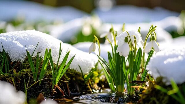 Delicate white flowers emerge from the melting snow during the early spring season