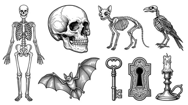 Vintage Gothic Halloween Illustration Set with Human Skull, Skeleton, Cat and Bird Skeletons, Bat, Key, and Candlestick