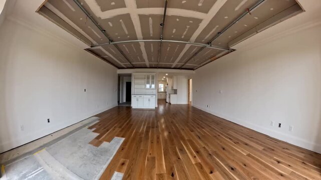 Hardwood floor installation and ceiling finishing in residential house during room renovation. Construction site progress from subfloor to completed interior remodel.