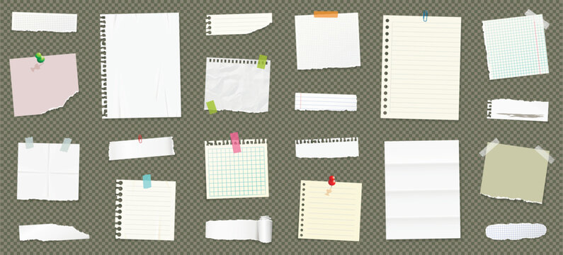 Sticky notes and paper sheets for reminders. Realistic note papers with pin and adhesive tape isolated on transparent background