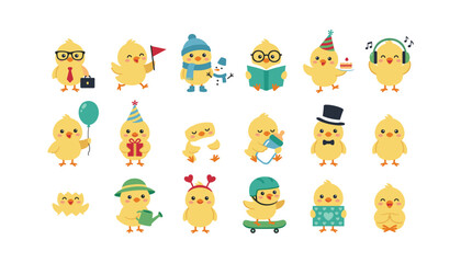 Cute cartoon yellow chick characters set with various emotions and daily lifestyle activities isolated flat vector illustration