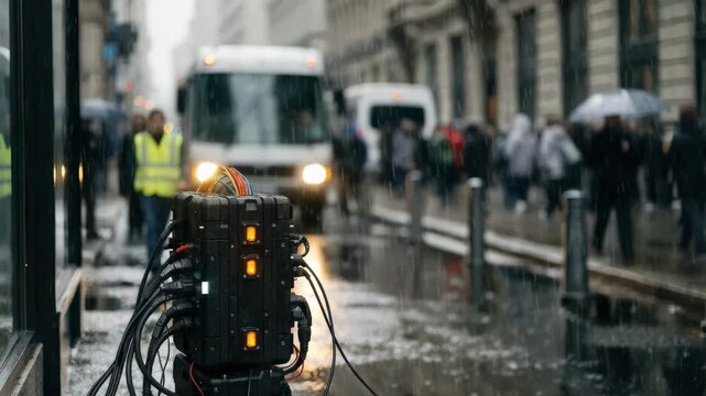 Telecom mobile unit with bright lights and active connections in sharp focus at outdoor event background crowd and vehicles softly blurred.
