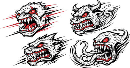 Aggressive Monster Head Mascot Vector Set with Furious Demon Dragon and Gorilla Faces for Esport Team Logos and Apparel Prints © MstJasmin