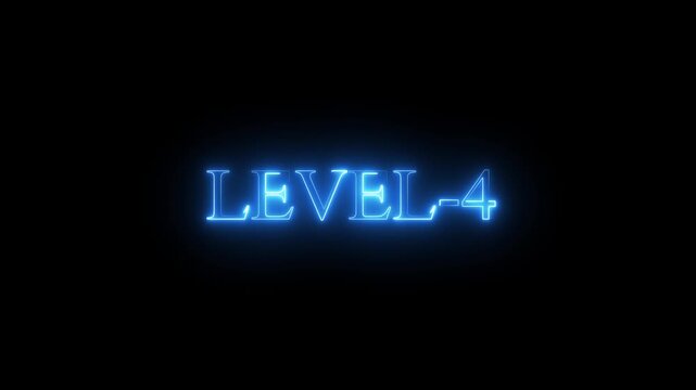 neon Level-4 text inside a horizontal banner on black background. level 9 text icon animation. Neon level up sign. neon next Level text.Level Thirty six text font with glowing neon light.Level .4k