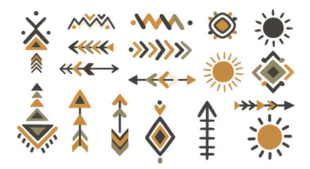 Collection of tribal arrows and sun symbols in a bohemian style. © Welas