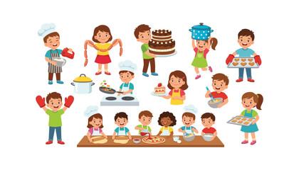 Cute children cooking and baking in kitchen cartoon characters set with culinary tools isolated flat vector illustration
