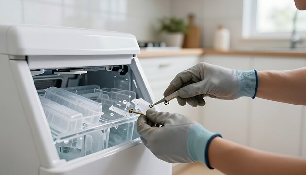 Professional technician repairing household ice maker machine with precision tools in domestic kitchen setting with technician wearing protective