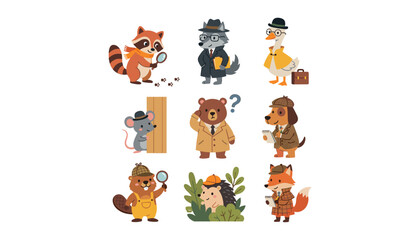 Cute forest animal detectives cartoon set featuring funny raccoon wolf goose mouse bear dog beaver hedgehog and fox characters vector © Ruma