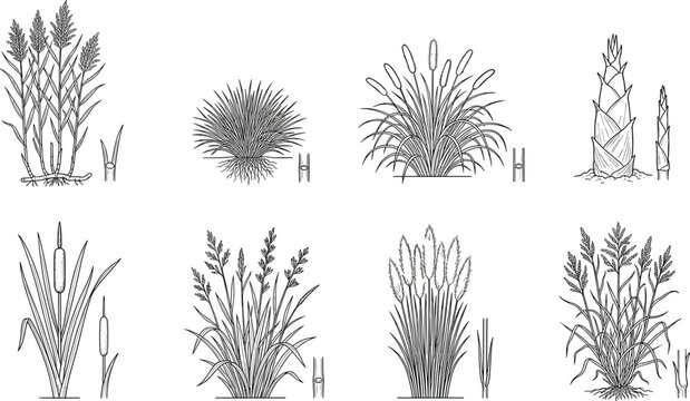 Grass and Monocot Plant Silhouette Vector Collection Featuring Cereal, Bamboo, Cattail, and Ornamental Species