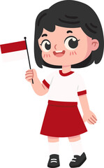Character Illustration of Cheerful Girl with a T-Shirt and Skirt Holding Indonesia Flag
