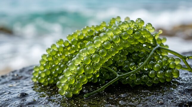 Fresh sea grapes cluster placed on wet dark rock against the blurred tropical ocean background