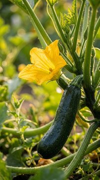 Yellow flower and zucchini growing in a garden.