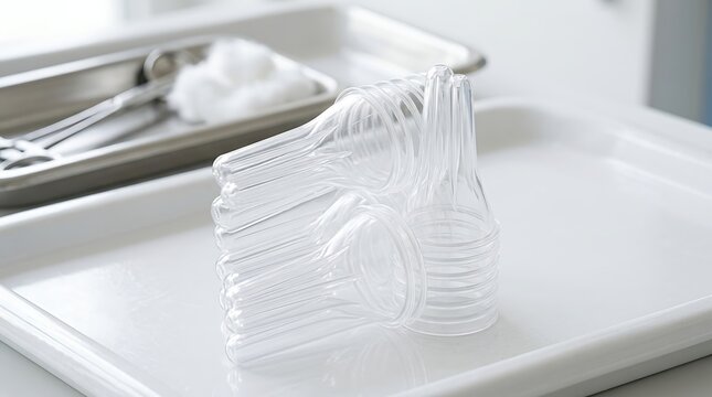 Medical speculum instruments stacked on a clinical tray for gynecological examination procedure setup