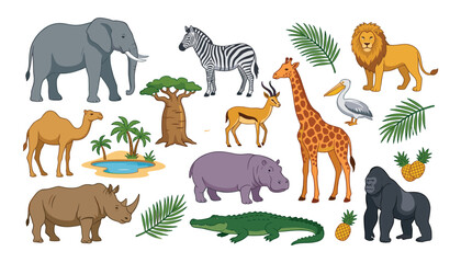 African safari animals vector illustration set featuring elephant lion giraffe zebra hippo gorilla and tropical flora © Monzurul