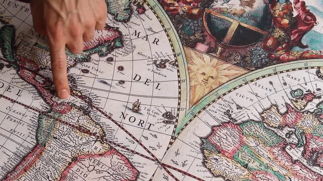Detailed view of a male hand pointing with his index finger a route from south america to italy into a modern printed reproduction of a 17th century world map