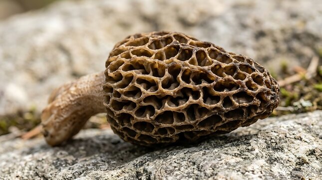 Morel mushroom resting on a rough gray stone surface in natural sunlight