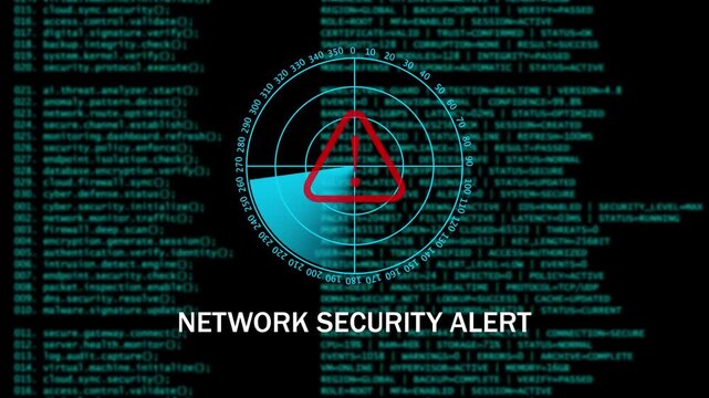 Digital Cyber Security Warning NETWORK SECURITY ALERT Interface with Radar Scan. 4k video animation 