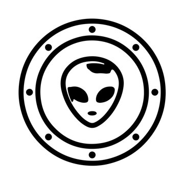 Alien head icon inside round portal frame vector illustration isolated on white background for extraterrestrial and sci-fi concept