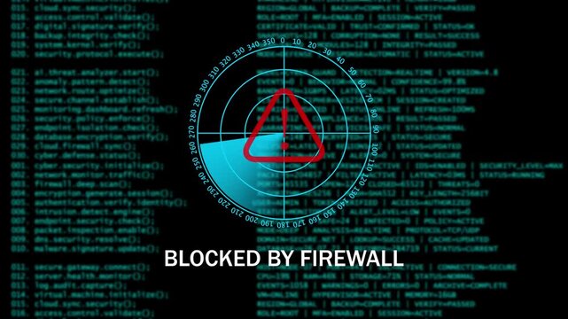 Digital Cyber Security Warning BLOCKED BY FIREWALL Interface with Radar Scan. 4k video animation 