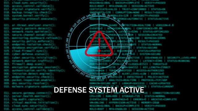 Digital Cyber Security Warning DEFENSE SYSTEM ACTIVE Interface with Radar Scan. 4k video animation 