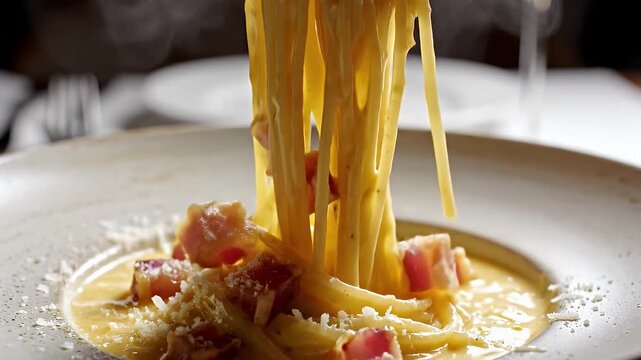 Close-up of a fork twirling delicious spaghetti carbonara with crispy bacon and grated cheese on a white plate in a restaurant setting.