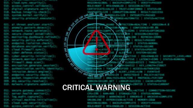Digital Cyber Security Warning CRITICAL WARNING Interface with Radar Scan. 4k video animation 