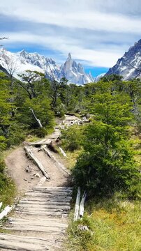 Camera moves along the Laguna Torre hiking trail near El Chalten, Argentina