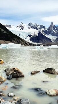 Panoramic view of Laguna Torre and Cerro Torre mountains in Argentinian Patagonia