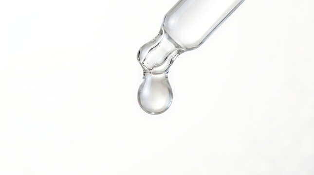 Clear serum droplet falling from glass pipette tip for cosmetic skincare product presentation