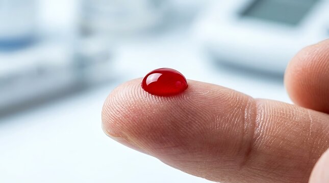 Blood drop on human fingertip for glucose monitoring test in a medical clinic environment