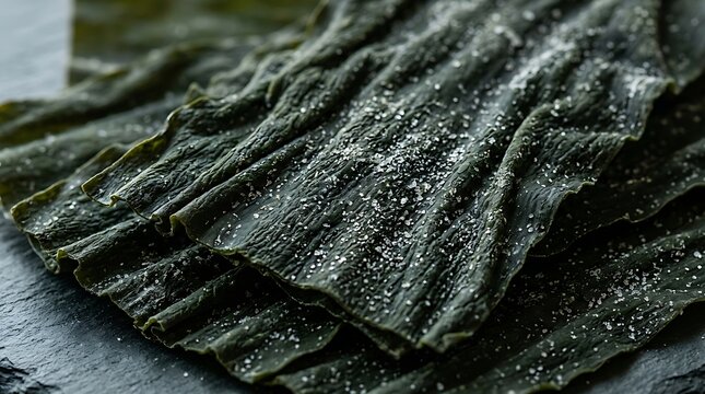 Dried kombu seaweed sheets sprinkled with sea salt crystals on a dark textured stone surface