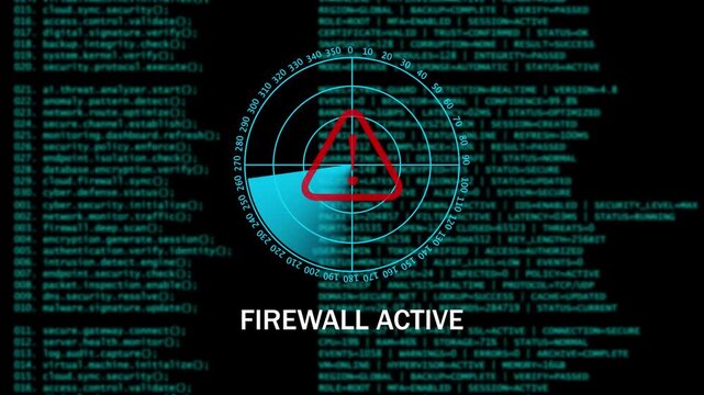 Digital Cyber Security Warning FIREWALL ACTIVE Interface with Radar Scan. 4k video animation 