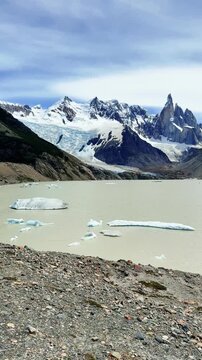 Panoramic view of Laguna Torre and Cerro Torre mountains in Argentinian Patagonia