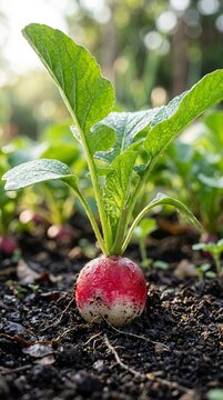 Fresh radish sprouts growing in dark garden soil.