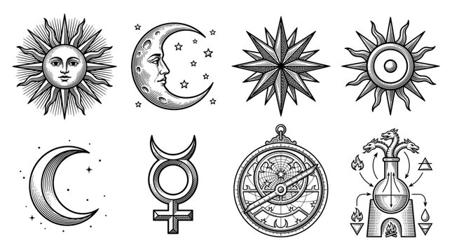 Set of Vintage Alchemical and Celestial Symbols. Sun, Moon, Stars, Mercury, Astrolabe, and Alchemy Flask. Mystical Occult Engraving Illustrations for Esoteric and Astrological Design.