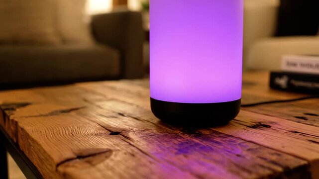 Blue smart lamp on rustic wooden table.