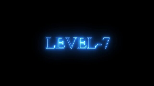 neon Level-7 text inside a horizontal banner on black background. level 9 text icon animation. Neon level up sign. neon next Level text.Level Thirty six text font with glowing neon light.Level .4k