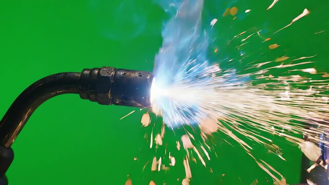 Detailed view of a professional TIG welding torch head emitting a bright electric arc and sparks against a bright green screen background