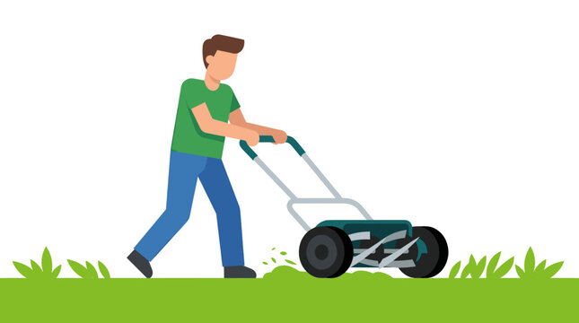 Man mowing lawn with manual reel mower.
