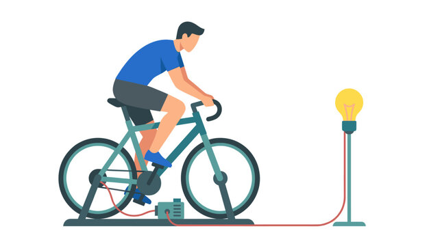 Man pedaling bike to power an electric bulb.